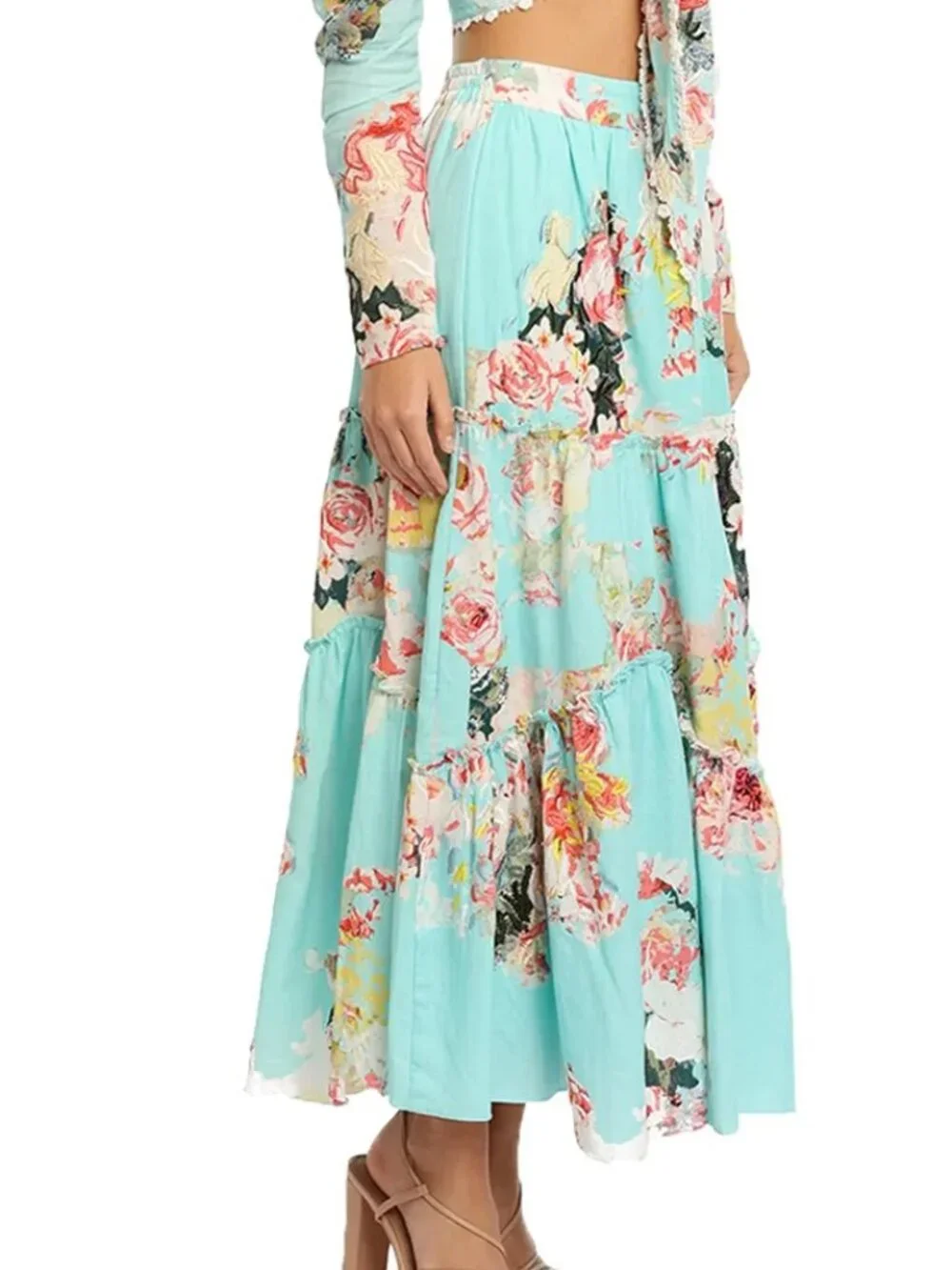 HEMANT & NANDITA SAGE Midi SKIRT Floral w/ embroidery tiered ruffle turquoise LG